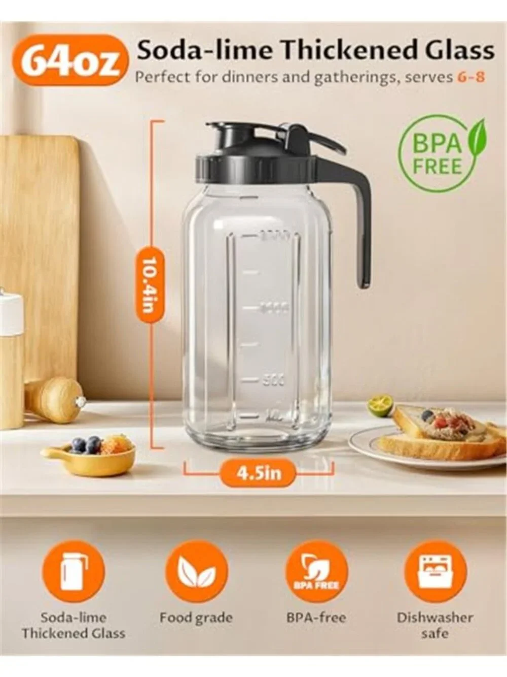 64 oz Mason Jar Pitcher – Airtight & Leakproof Glass Pitcher with Lid